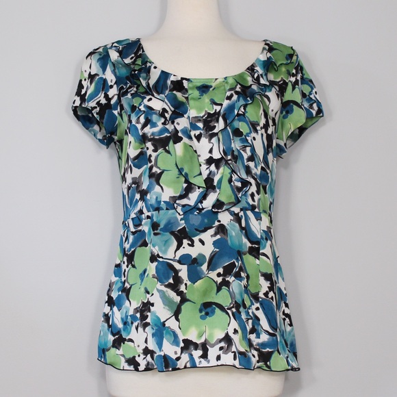 Axcess by Liz Claiborne Blue and Green Multicolor Floral Blouse with Ruffles - Picture 1 of 3